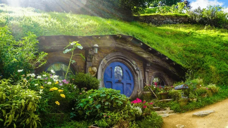 Ett trähus med blå rund dörr på Hobbiton i Nya Zeeland.