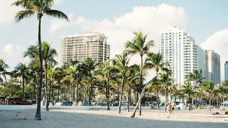 Miamis skyline och sandstrand.