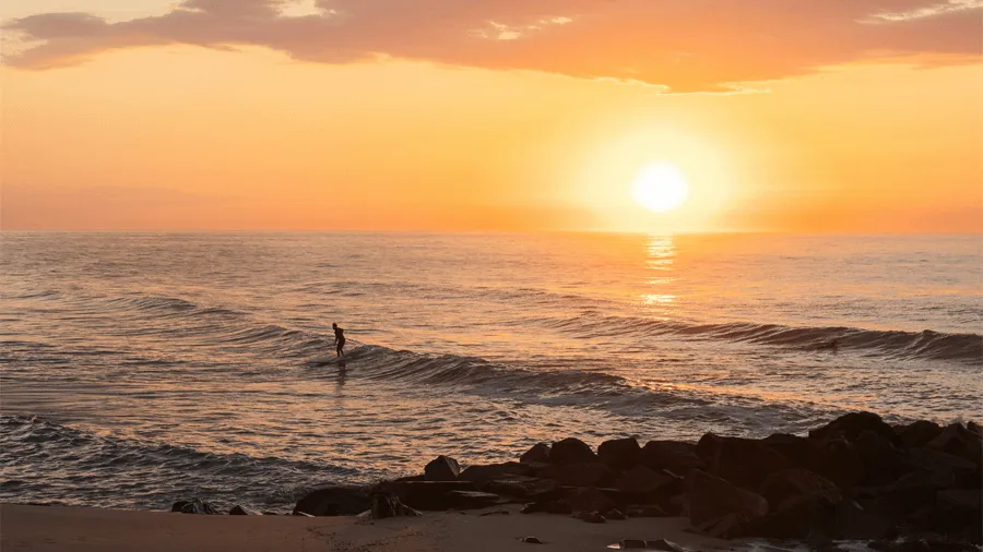 Surfing i New Jersey under solnedgången.