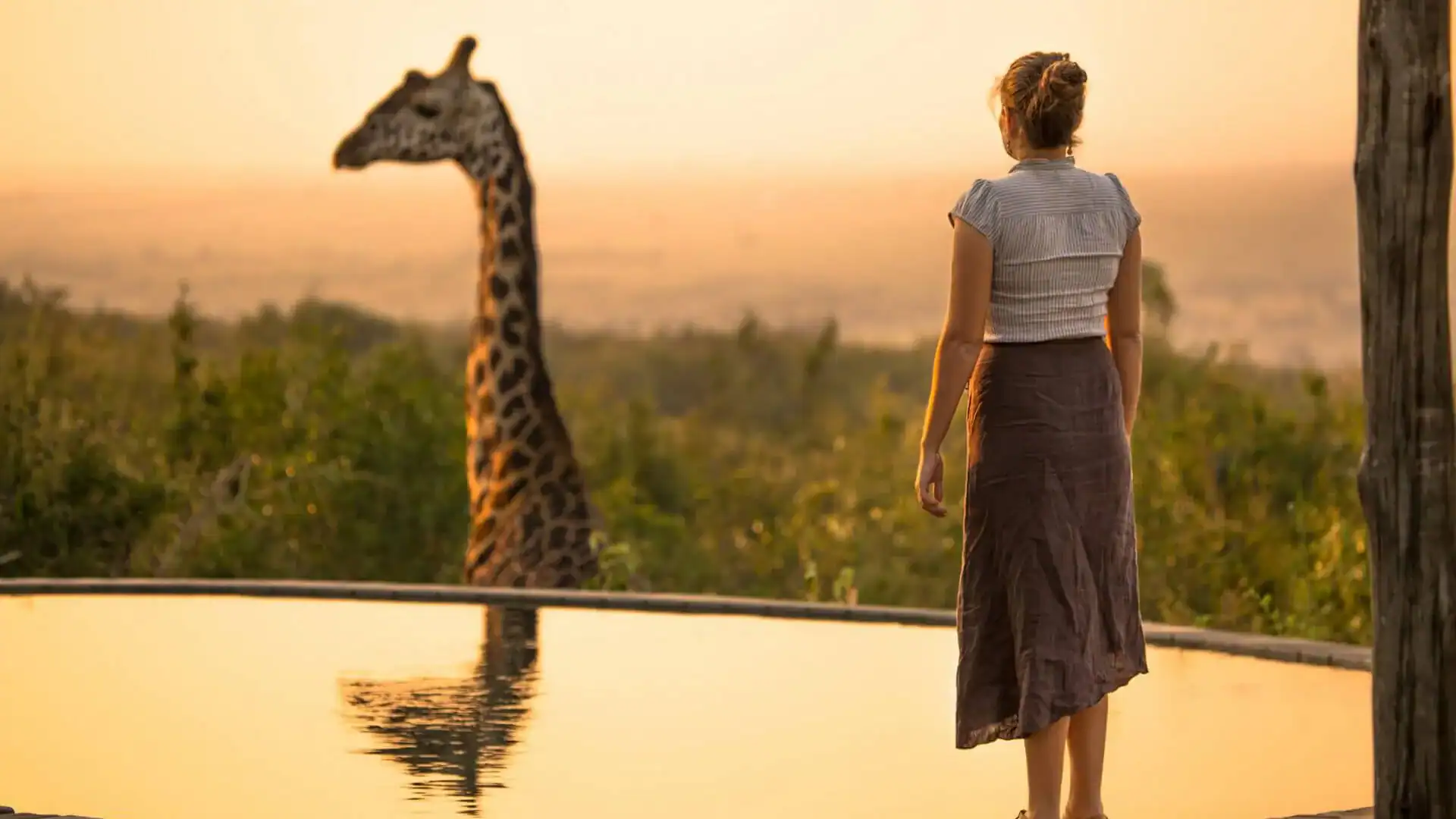 Teman Kvinna som står framför en giraff på en av hennes safariresor.