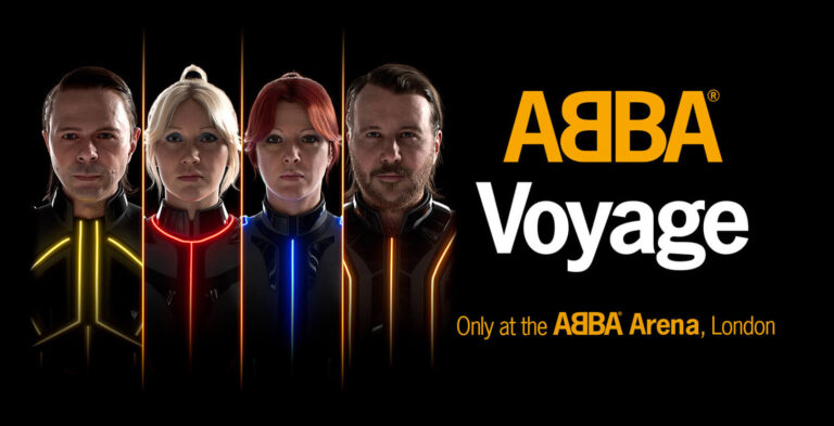 ABBA Voyage-affisch med gruppens fyra digitala avatarer och texten Only at the ABBA Arena, London
