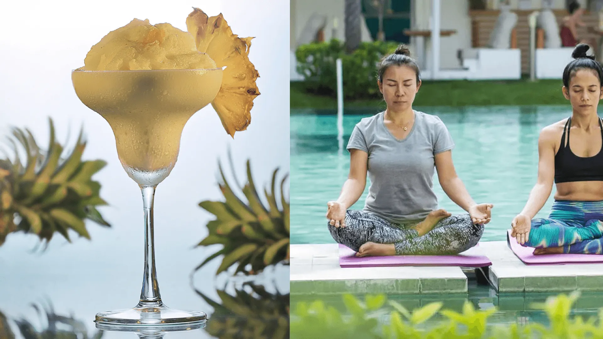 Ananasdrink och yoga vid poolen.