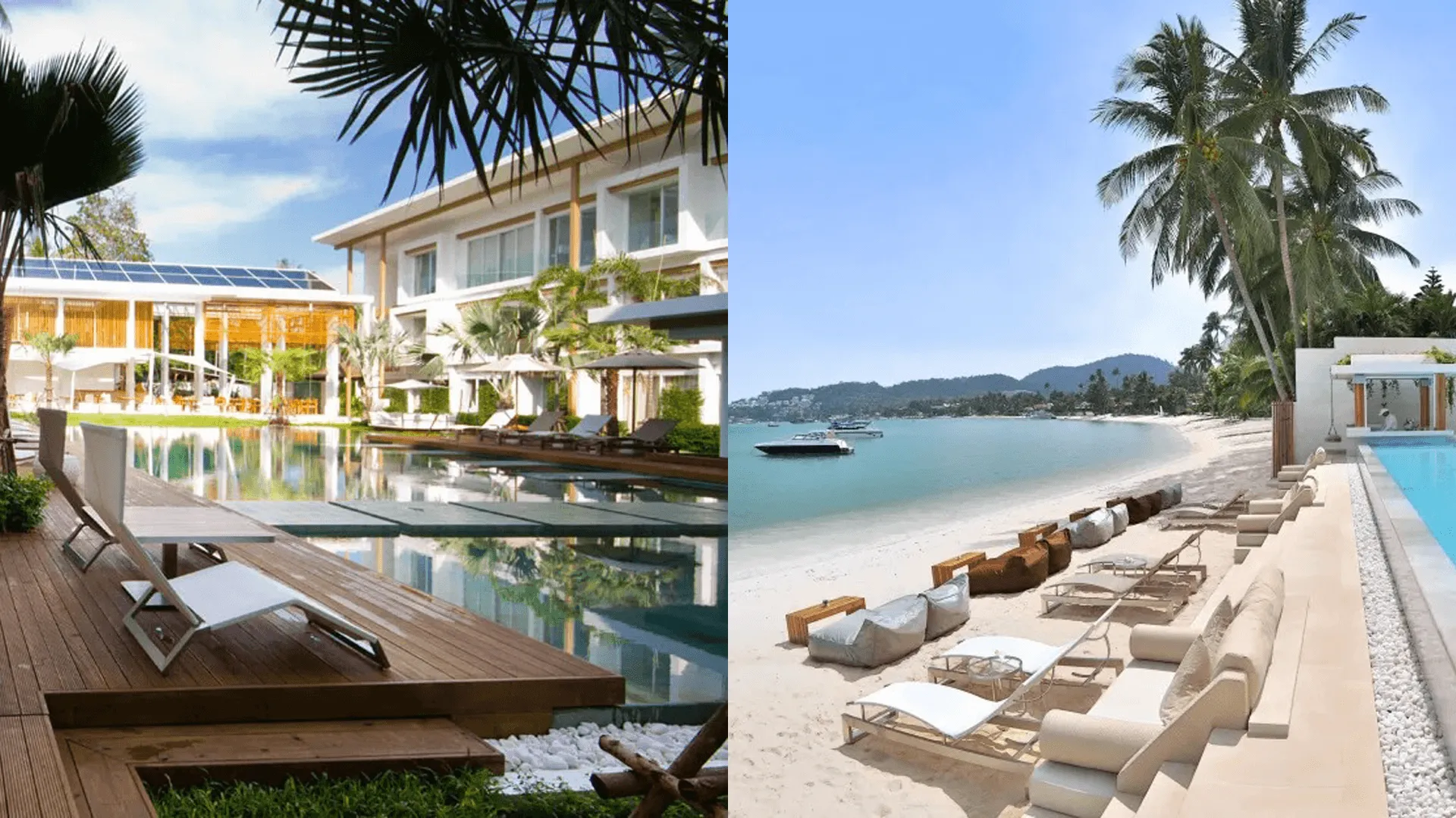 Chi Samui resort:s exteriör och sandstrand vid poolen.