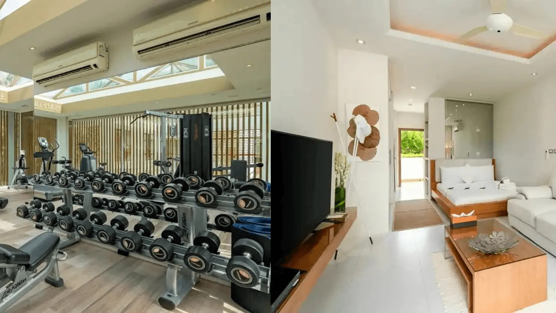 Ett gym och exempel på hotellrum.