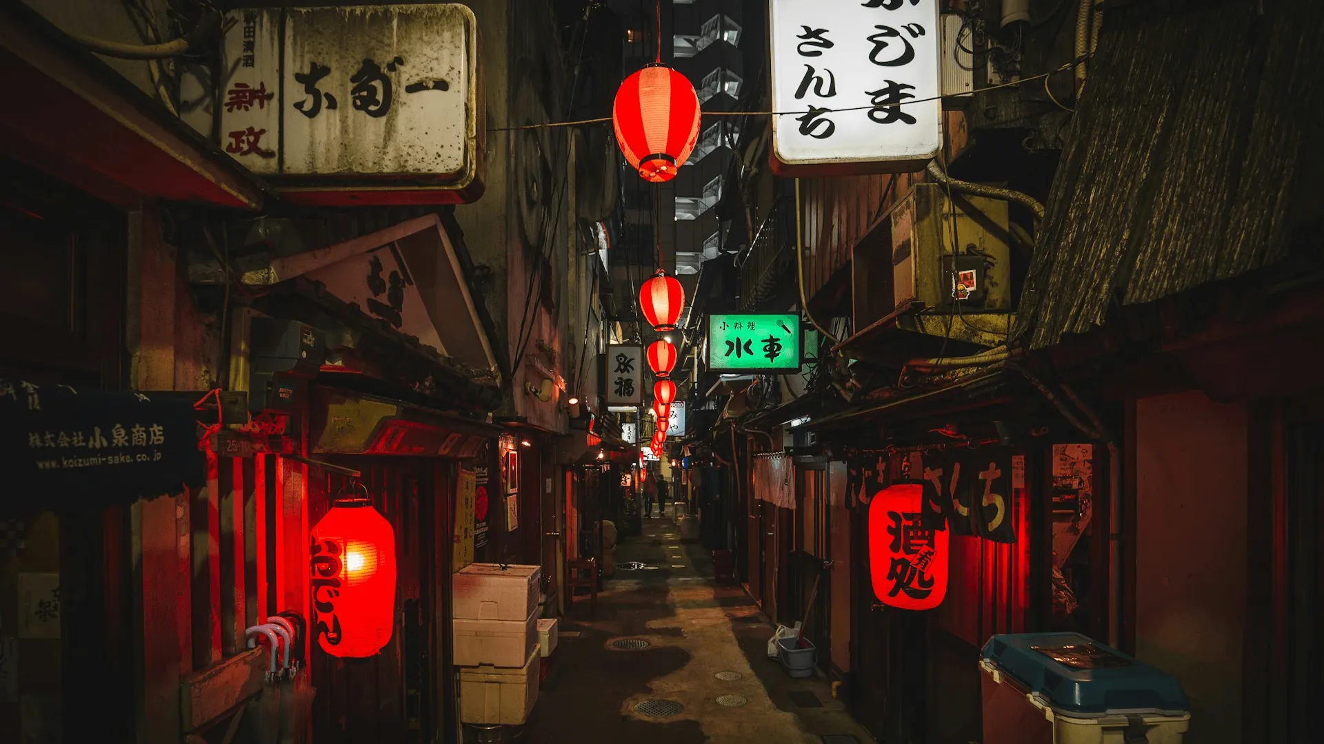 En mörk gränd som lyses upp av lampor i Tokyo.
