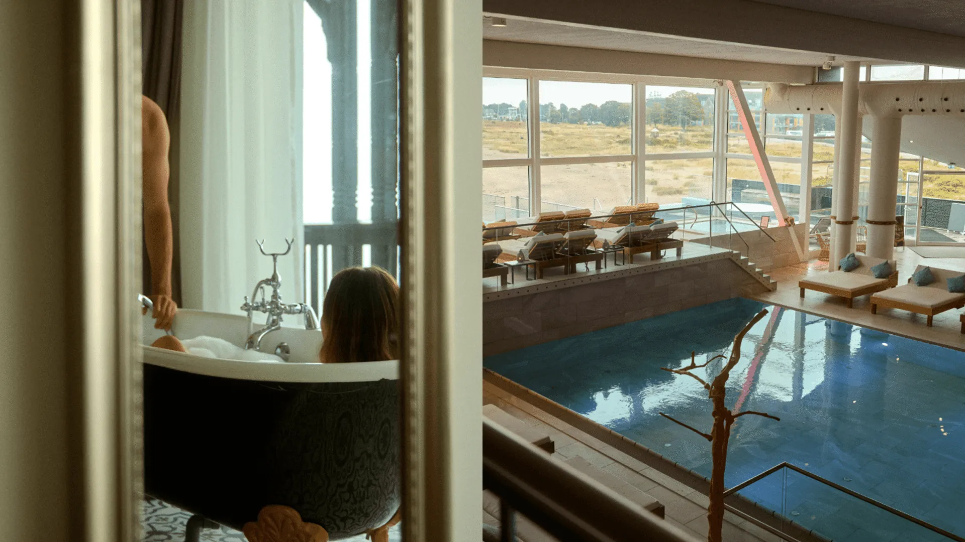En kvinna i ett badkar och inomhuspoolområde på Marienlyst Strandhotel.