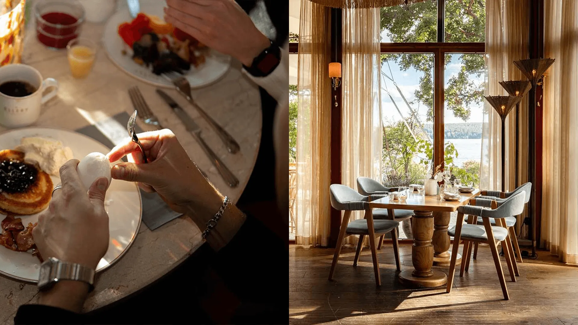 Frukost och restaurangbord med utsikt.