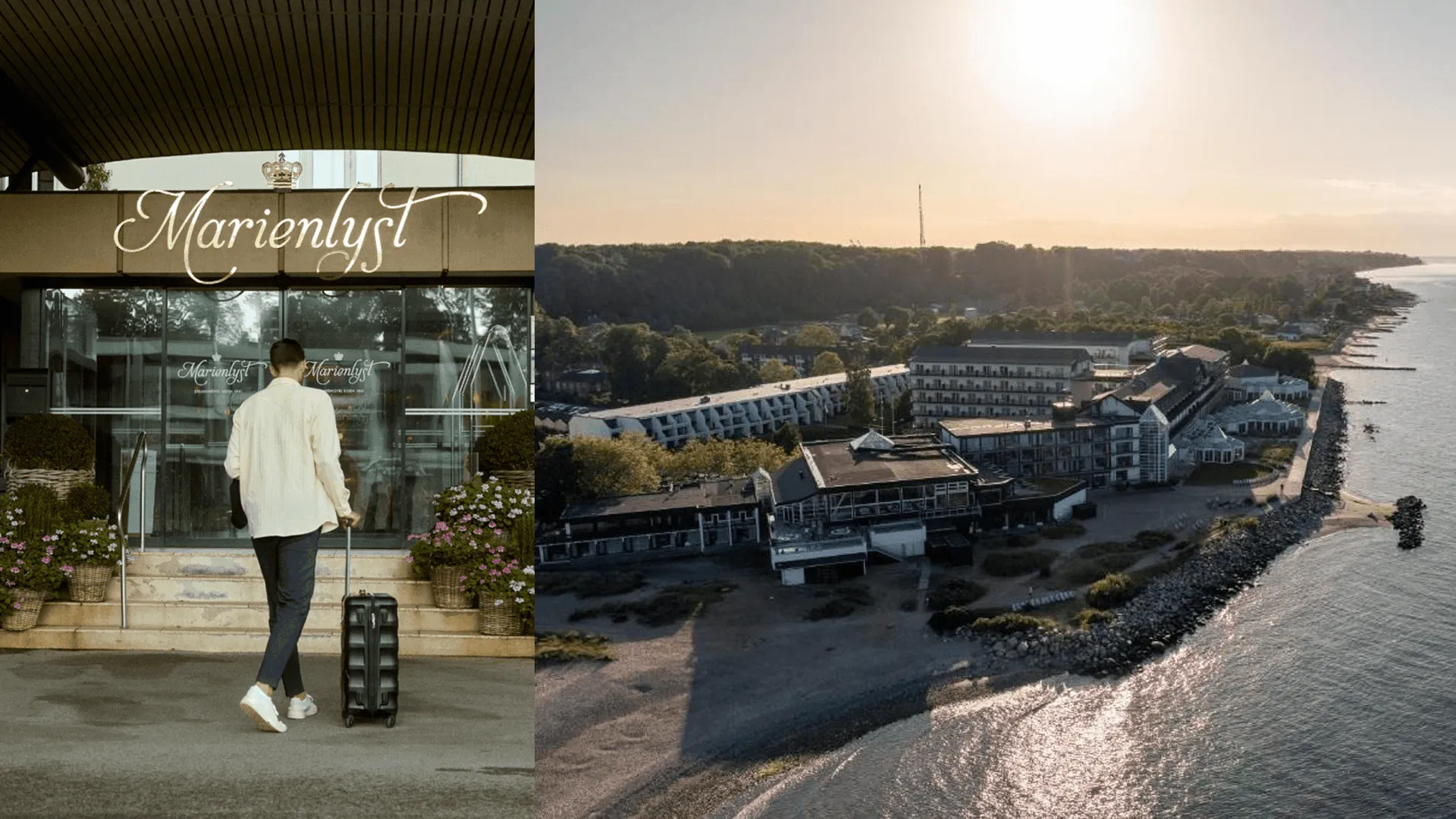 Person som går in i entrén på Marienlyst Strandhotel och hotellets exteriör.