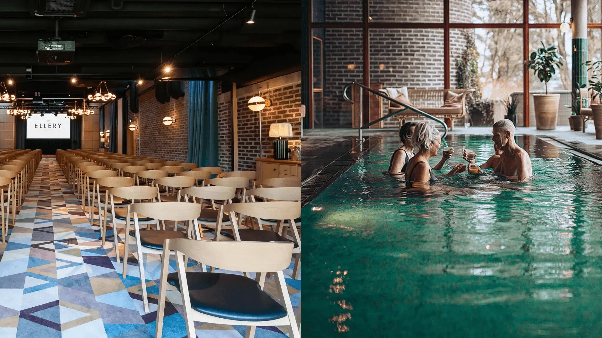 Ett föreläsningsrum för en konferens och personer som badar i en pool med drinkar.